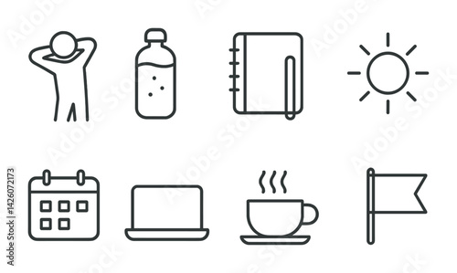 Minimalist daily activities icon set: outline style for productivity and wellness