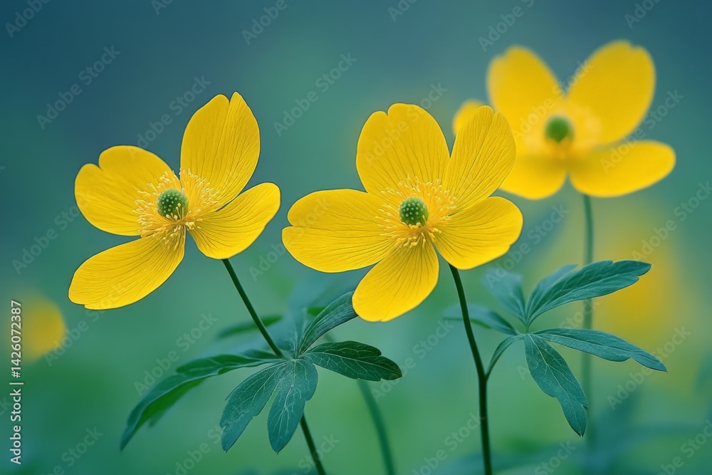 Fototapeta premium Bright yellow flowers bloom in a serene landscape beneath a soft blue sky during springtime