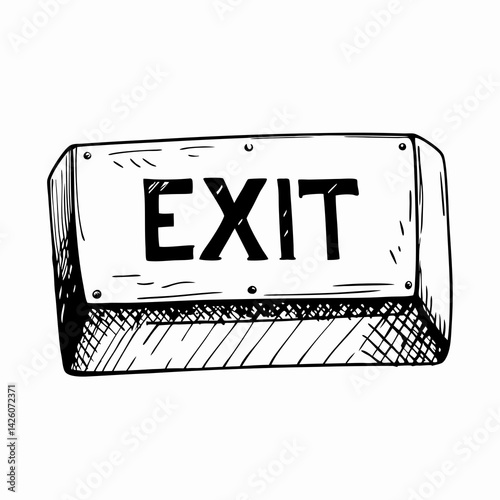 Hand-drawn exit sign in black and white, representing safety and direction while guiding people out of a building or space.