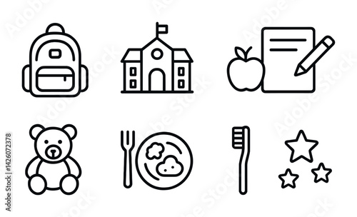 Back to school essentials: linear icons set featuring education and classroom basics