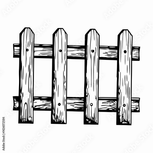 Rustic wooden fence illustration showcasing detailed craftsmanship against a plain background representing boundaries and rustic aesthetics.