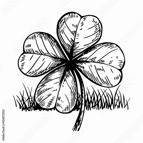 Four-leaf clover illustration symbolizing luck, styled in a hand-drawn format against a grassy background, representing good fortune and prosperity.