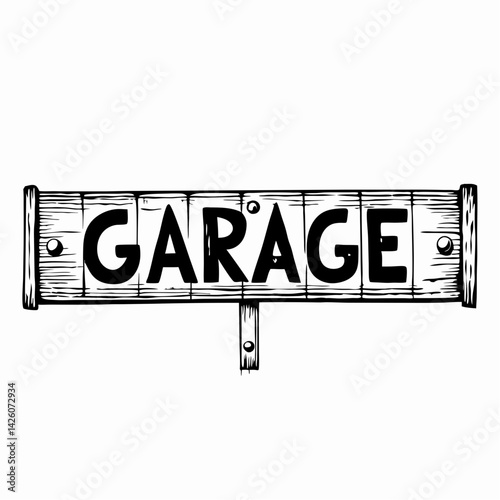 A wooden sign reading “GARAGE” with stylized text, symbolizing rural signage, entrance labeling, handmade craftsmanship, and storage designation
