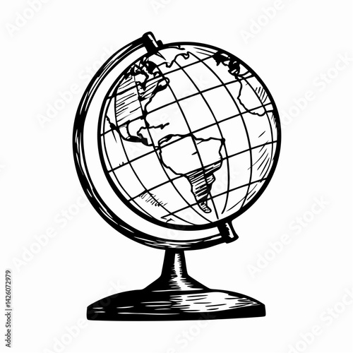 Detailed vintage globe with geographical features, illustrating the world in black and white and representing education and exploration.