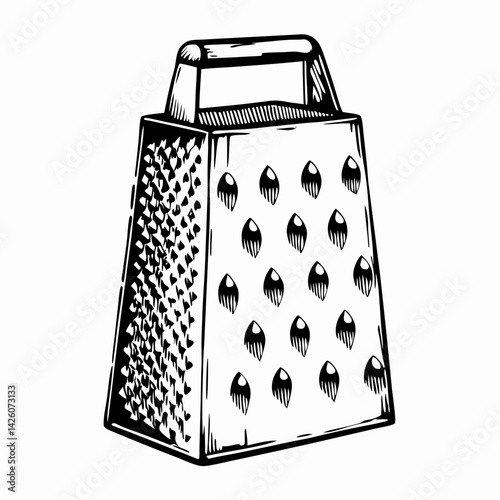 Classic Kitchen Grater in Black and White Design Representing Culinary Tools for Grating Cheese and Vegetables in Cooking