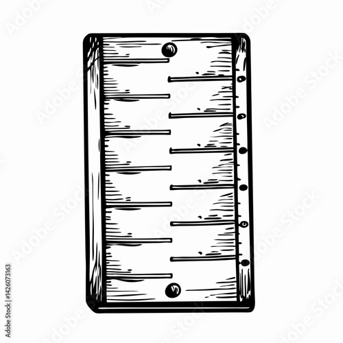 Wooden measuring ruler showcasing precision markings, vintage design, black-and-white illustration, representing accuracy in measurements and craftsmanship.