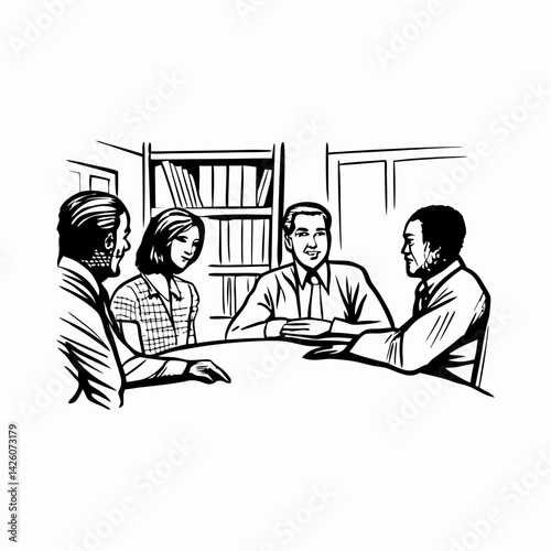 Four People Engaged in Conversation Around a Table in an Office Setting, Representing Collaboration and Discussion Among Colleagues
