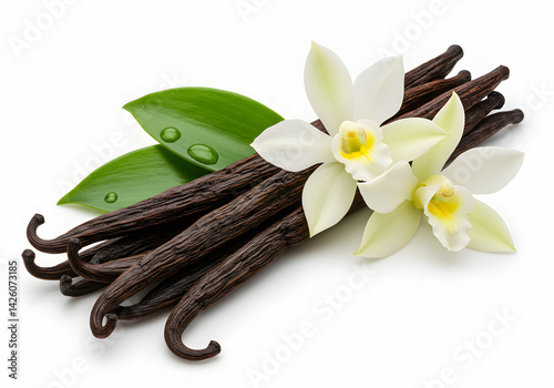 Vanilla flower sticks and leaves isolated on transparent background