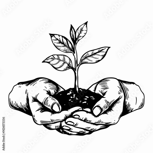 Two hands nurturing a small plant symbolizing growth and care, surrounded by a minimalist design representing environmental awareness and sustainability.