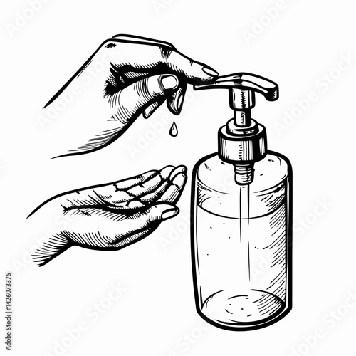 Hands dispensing soap from a pump bottle with a single drop falling, clean and minimalistic design, representing hygiene and cleanliness.