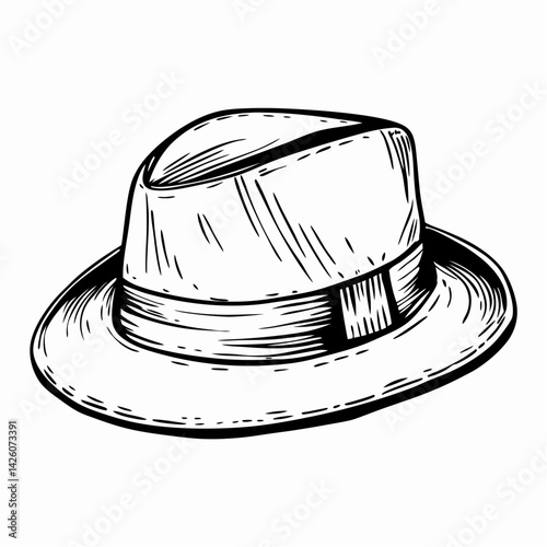 Stylish fedora hat illustration in classic black and white, representing fashion, elegance, and timeless sophistication.