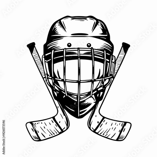 Hockey goalie mask and sticks representing strength in sports, emphasizing teamwork and competition, set against a stark black and white illustration style.