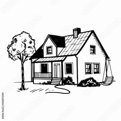 Charming black and white illustration of a cozy house with tree and swing, depicting home-life and tranquility in a peaceful outdoor setting.