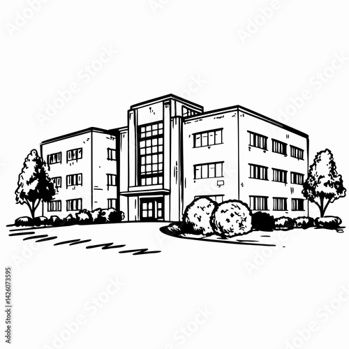Black and white illustration of a modern school building surrounded by trees, representing education and learning in a structured environment.