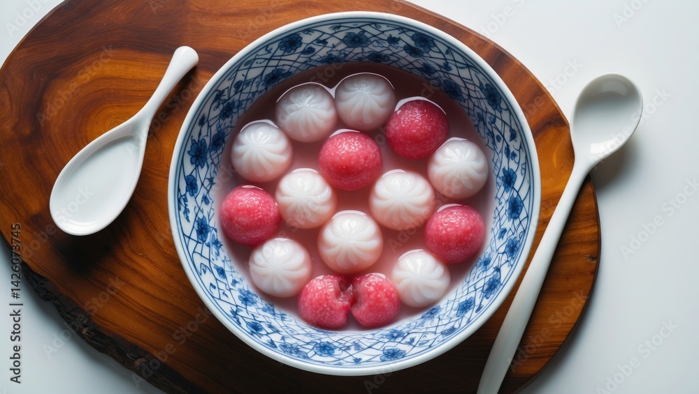 Top-down view of red and white tangyuan in a blue bowl on a white background Top-down view of red and white tangyuan in a blue bowl on a white background