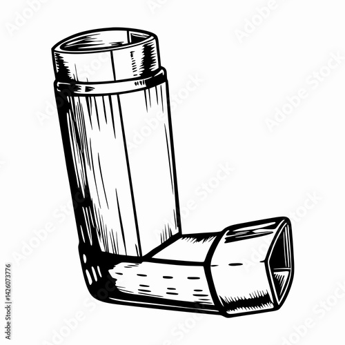 A black and white drawing of an asthma inhaler, symbolizing respiratory treatment, healthcare tools, emergency relief, and medical equipment

