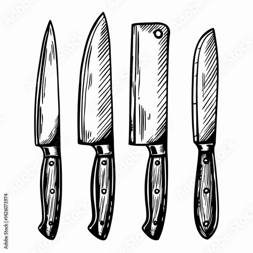 Four different kitchen knives displayed in a sketch style representing culinary tools for cooking, food preparation, and professional kitchens.