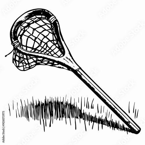 Fishing net resting on grass, simple illustration, black and white design, represents catching fish or aquatic life in outdoor activities.