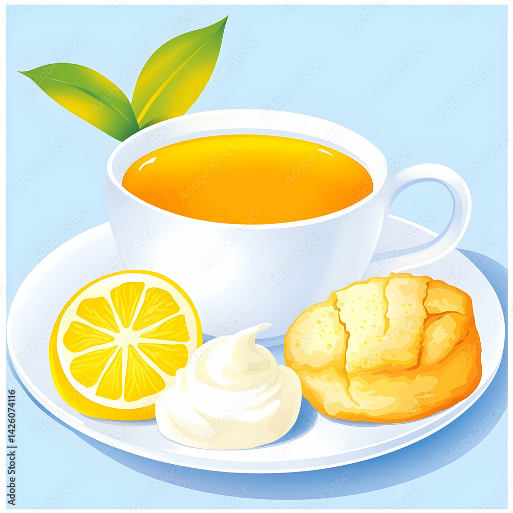 Lemon Tea with Scone and Cream, Afternoon Tea Break, Light Blue Background, Perfect for Menu or Recipe Lemon Tea with Scone and Cream, Afternoon Tea Break, Light Blue Background, Perfect for Menu or Recipe