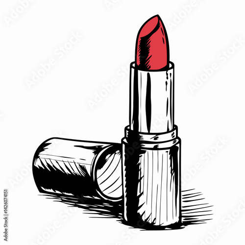 Stylish red lipstick tube standing elegantly beside its case on a clean surface, symbolizing beauty, confidence, and self-expression.