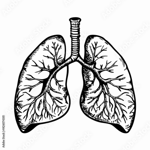 Anatomical representation of human lungs showcasing intricate details in a monochrome style, used for educational purposes in biology and healthcare.