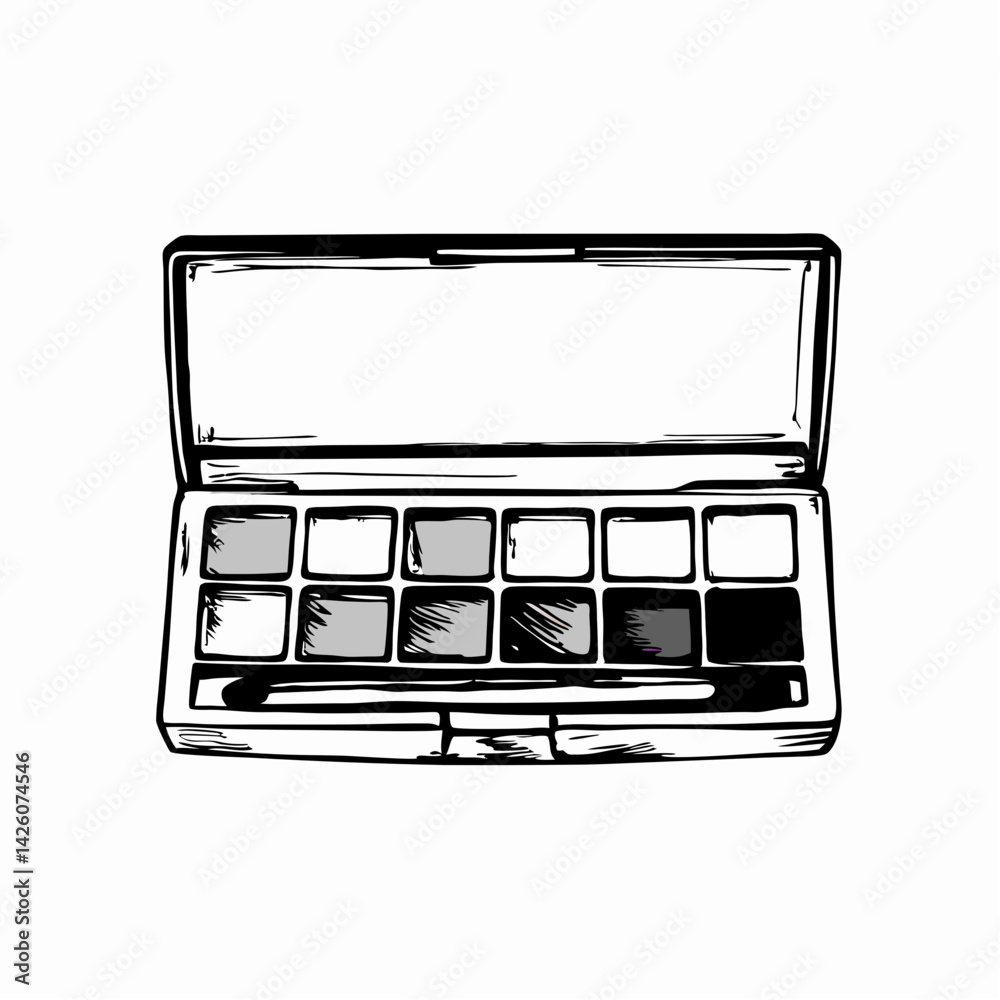 Obraz premium Stylish makeup palette showcasing diverse shades of grey and black, representing creativity and artistry in beauty applications.