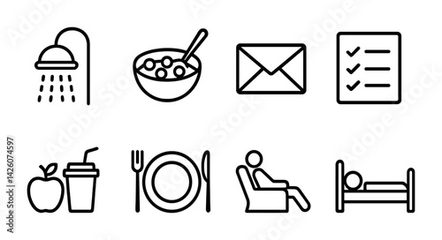 Daily routine icons set: essential linear outline style for everyday activities