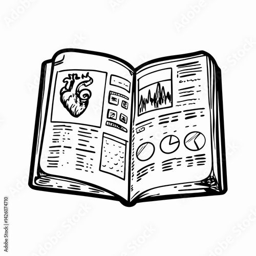 Illustrated open medical textbook displaying heart anatomy and health data in detailed graphs and charts, representing a source of knowledge for students and professionals.