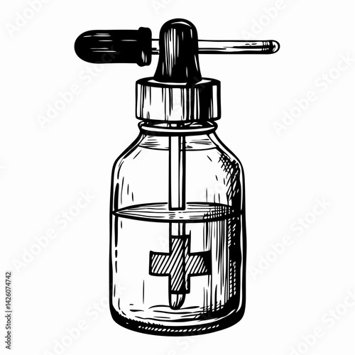 A black and white sketch of a dropper bottle with cross symbol, representing liquid medicine, dosage control, healthcare treatment, and remedy use
