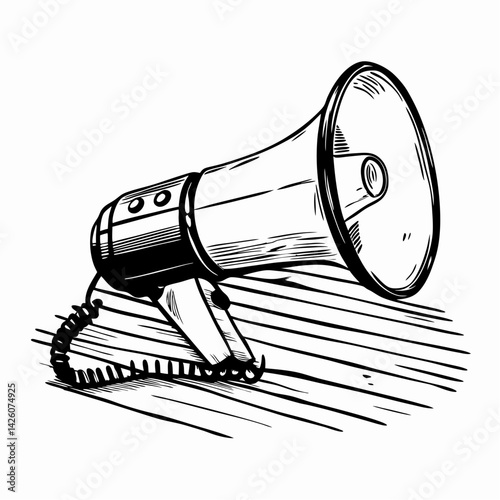 Vintage megaphone resting on a wooden surface, representing communication, announcements, and broadcasting in a retro style.