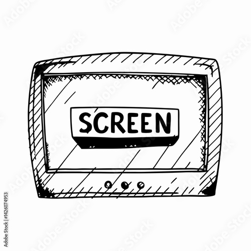 Sketch of a television screen with the word “SCREEN” displayed, representing communication and media consumption in a modern artistic style.