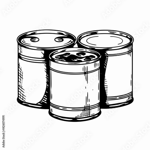 Three steel cans depicted in a vintage style, showcasing their metallic texture against a blank background, representing storage and preservation of goods.