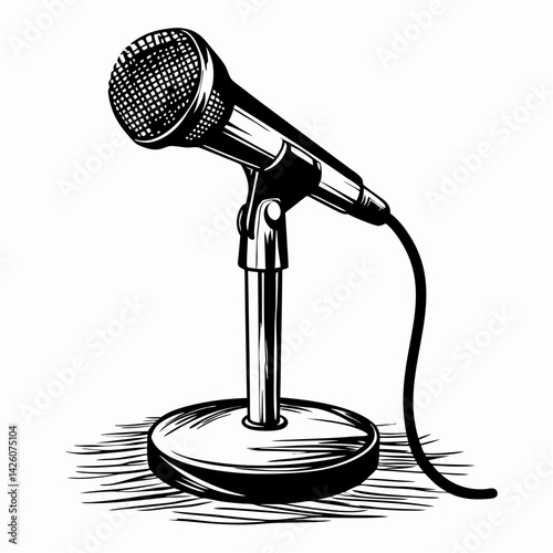 Classic microphone on a stand ready for performance against a minimalist background representing creativity and musical expression.