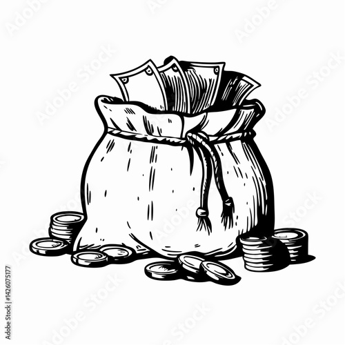 Vintage money bag overflowing with cash and coins, set against a minimalist background, symbolizing wealth and prosperity.
