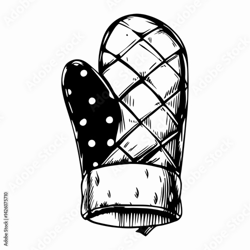 Stylish black and white oven mitt showcasing quilted design and polka dots against a minimalist background, representing kitchen safety and culinary creativity.