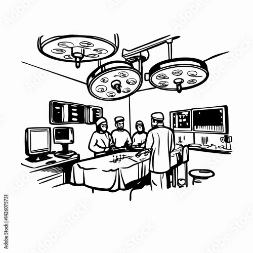 Medical professionals performing surgery in a sterile operating room with advanced equipment, symbolizing healthcare and teamwork.