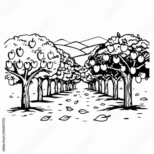 An apple orchard scene featuring ripe apples on trees, surrounded by mountains in the background, representing abundance and nature's beauty.