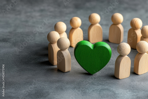Wooden figures forming circle around glowing green heart, symbolizing unity and love. This evokes feelings of connection and community among figures
