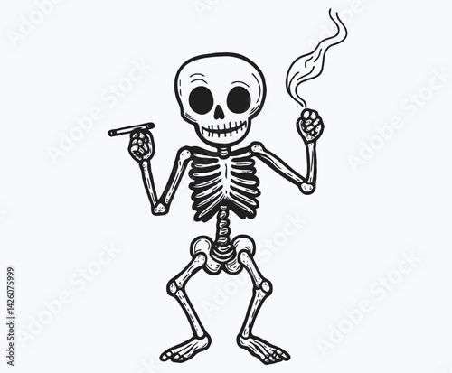 Skeleton holding cigarette and smoke on white background