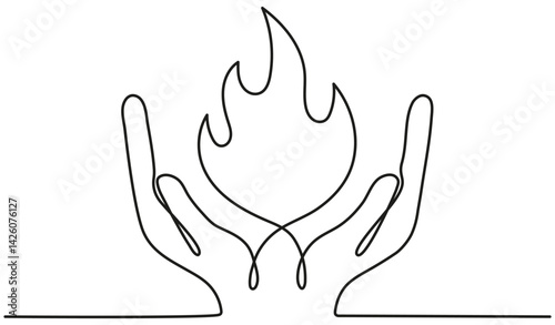 Hands hold burning fire flame continuous line drawing. Vector illustration isolated on white.