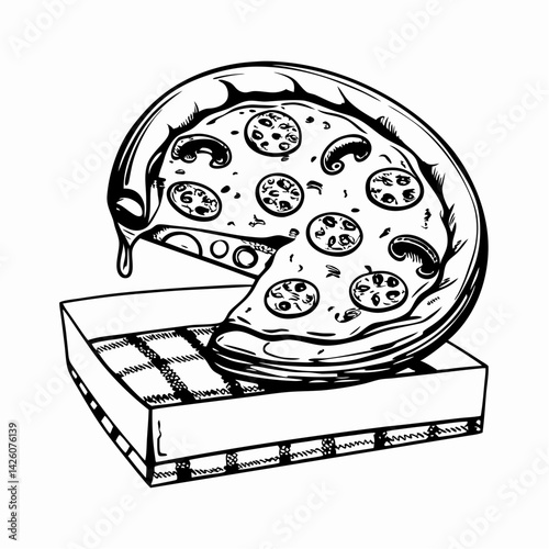 Delicious pizza slice melting with cheese in a pizza box on checkered background representing comfort food and communal dining.