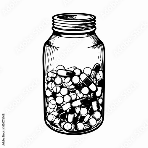 Illustration of a glass jar filled with colorful capsules showcasing health and wellness, representing medication, supplements, or herbal remedies.