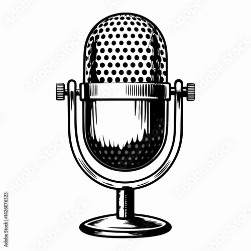 Vintage microphone design in black and white representing creativity and sound artistry in music and broadcasting.