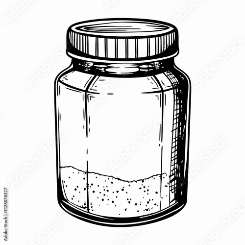 Clear Glass Jar with Fine Granulated Substance on White Background Representing Storage and Organization Solutions