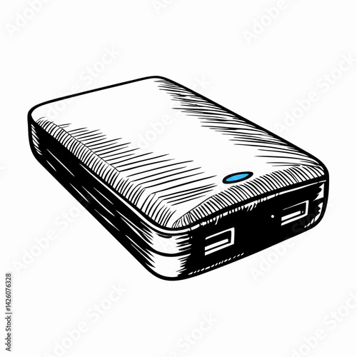 Illustration of a portable power bank charging devices on a minimalistic background, representing modern technology and convenience for everyday life.