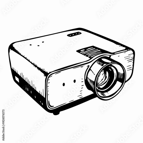 Vintage projector illustration showcasing intricate design and mechanical components against a minimalist background, representing creativity and storytelling.