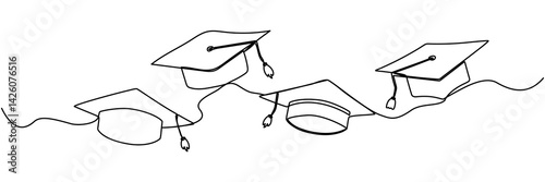 Flying graduation caps continuous line drawn. Student graduate concept. Vector illustration isolated on white.