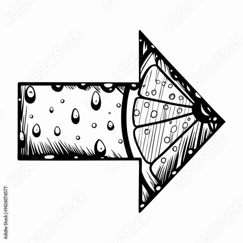 Stylized arrow symbol with lemon slice and water droplets representing freshness and citrus flavor for beverage promotions