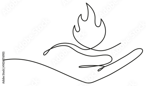 Hand holding burning fire flame continuous line drawing. Vector illustration isolated on white.