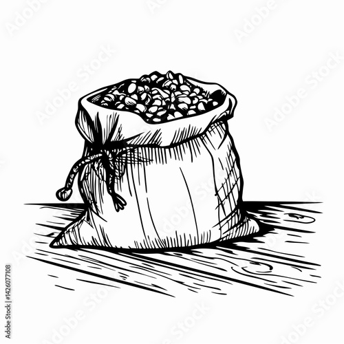 Detailed sketch of a full bag of beans resting on a wooden table, showcasing traditional design and representing abundance and harvest.